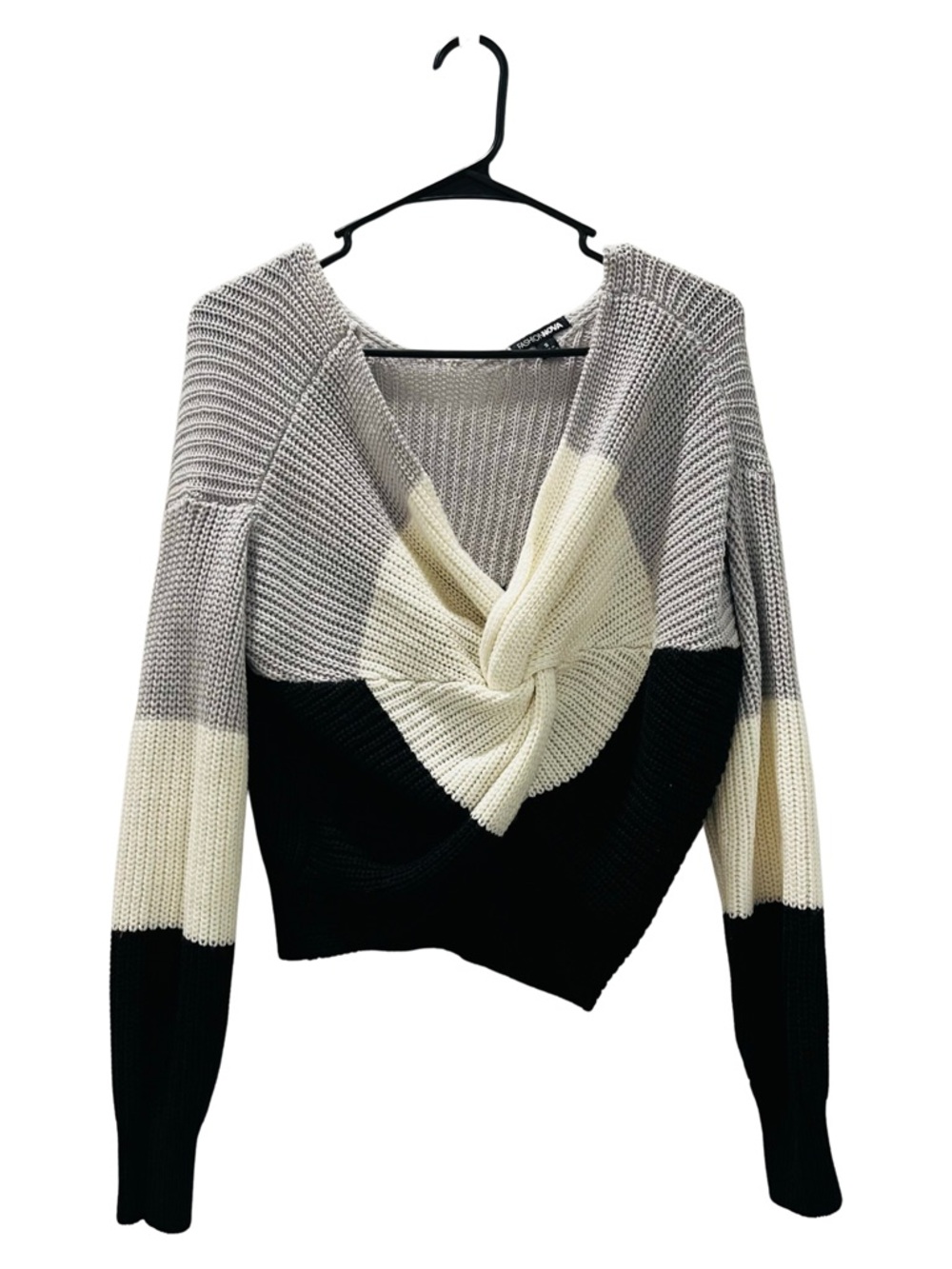 Twist Front Knit Sweater Reversible Black Cream Grey